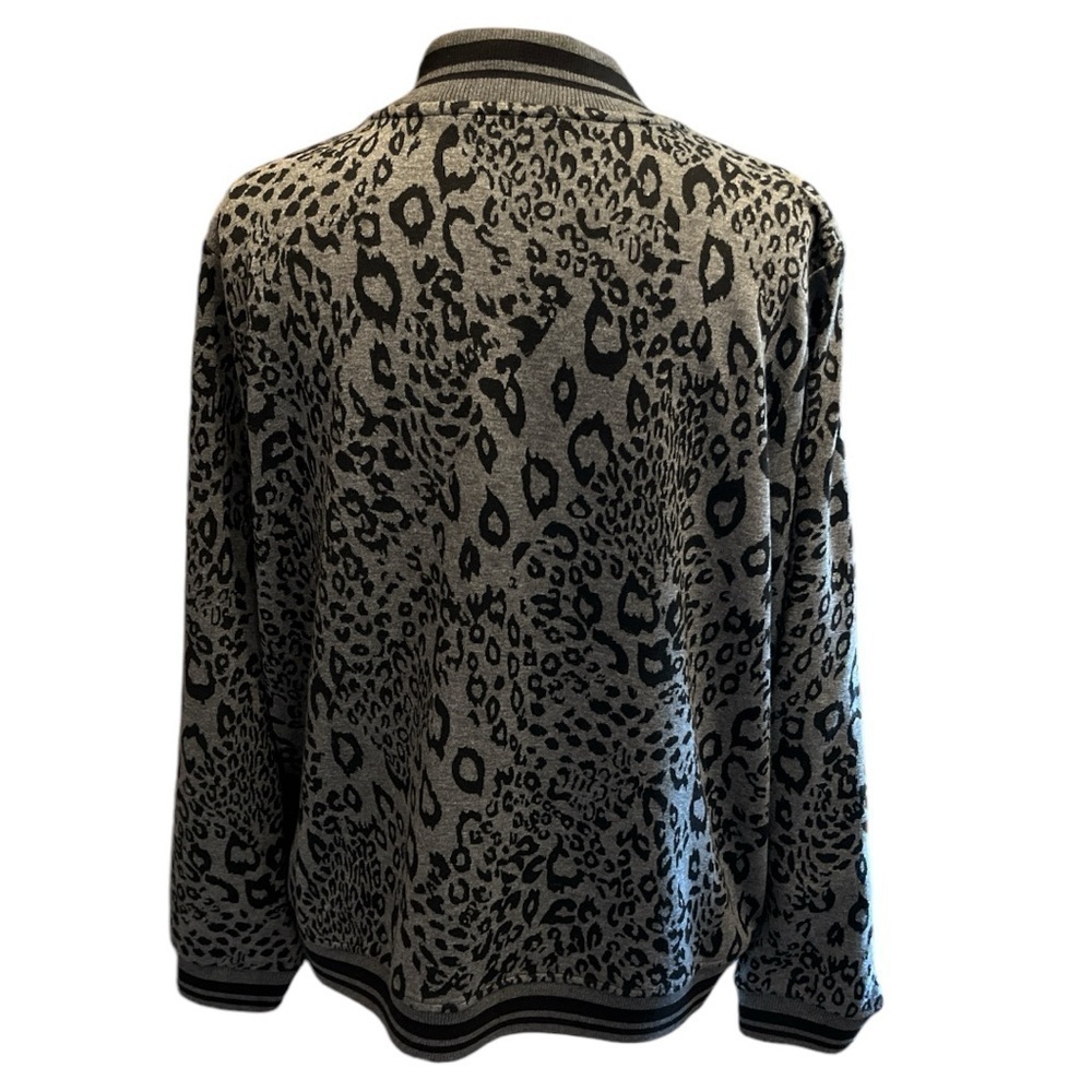 Du Jour Animal Print Bomber Sweater Jacket with Striped Rib Knit Trim Size XL - Picture 2 of 11
